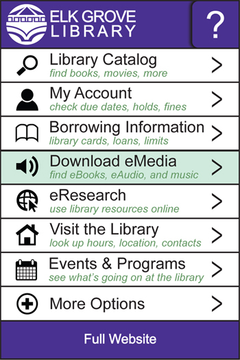 Screenshot of the Elk Grove Library's mobile website